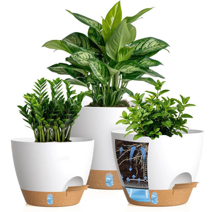 Self Watering Pots with Drainage Holes, 3 Pack 12/10/8 Inch Plant Pots with Water Level Indicator Deep Reservoir, Large Plastic Planter for Indoor Outdoor Plants - Black Brown