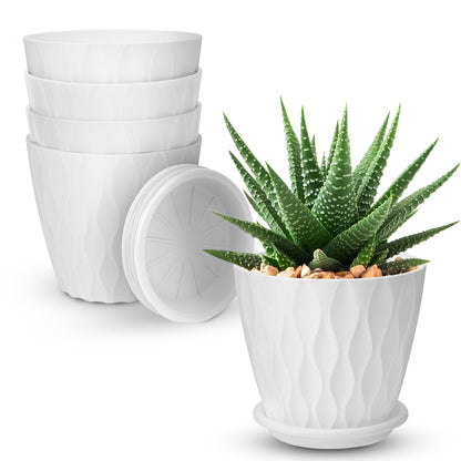 YNNICO 6 inch Plant Pots 5 Pack Plastic Planters with Drainage & Saucers