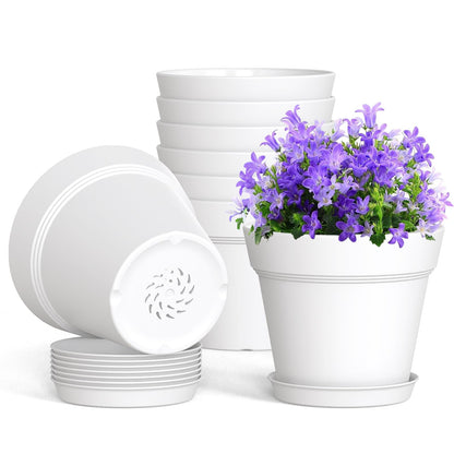 WSMKSZ 4 Inch Plastic Plant Pots with Drainage Holes and Trays – 8 Pack Small Nursery Pots for Indoor & Outdoor House Plants and Flowers, Seedling Starter Planters, Terracotta
