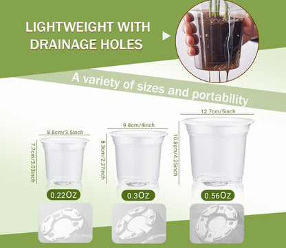 30 Pack Clear Nursery Plant Pots, 3.5/4/5 In with Drainage Holes, 20 Labels