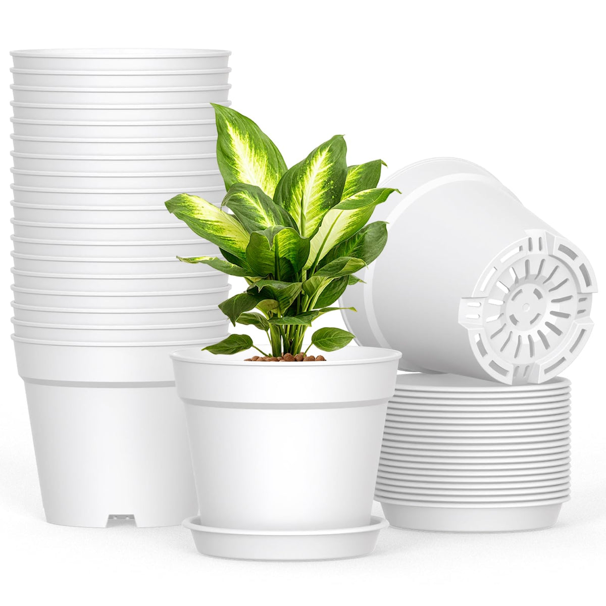 10 Pack 6 Inch Plant Pots with Drainage and Saucers, White Plastic Flower Pots for Indoor and Outdoor Plants, Stackable Nursery Planters for Houseplants and Herbs, White