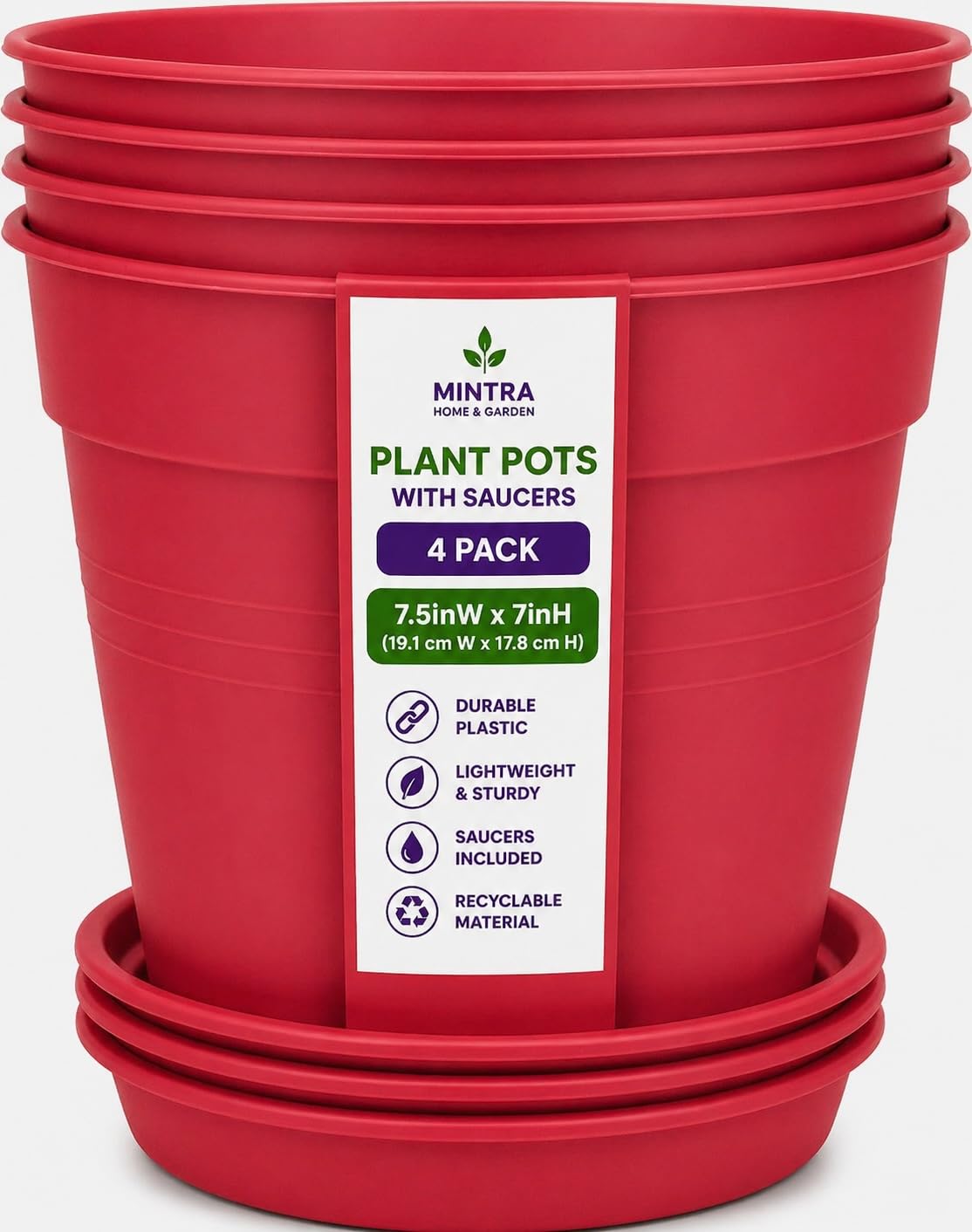Mintra Garden Pots, 4 Pack Bulk Plastic Plant Pots with Drainage Tray, Round Indoor & Outdoor Decorative Planters with Drain Holes for Flowers, Herbs & Plants, 19cm Diameter – Fuchsia, 7.5in Wide