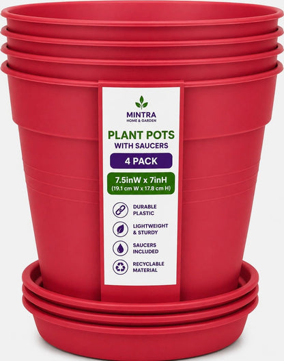Mintra Garden Pots, 4 Pack Bulk Plastic Plant Pots with Drainage Tray, Round Indoor & Outdoor Decorative Planters with Drain Holes for Flowers, Herbs & Plants, 19cm Diameter – Fuchsia, 7.5in Wide