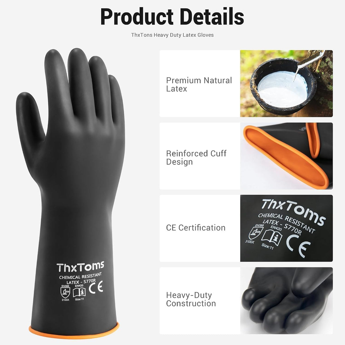 ThxToms Chemical Resistant Gloves, 28 Mil Heavy Duty Latex, 14 Inch, 1 Pair