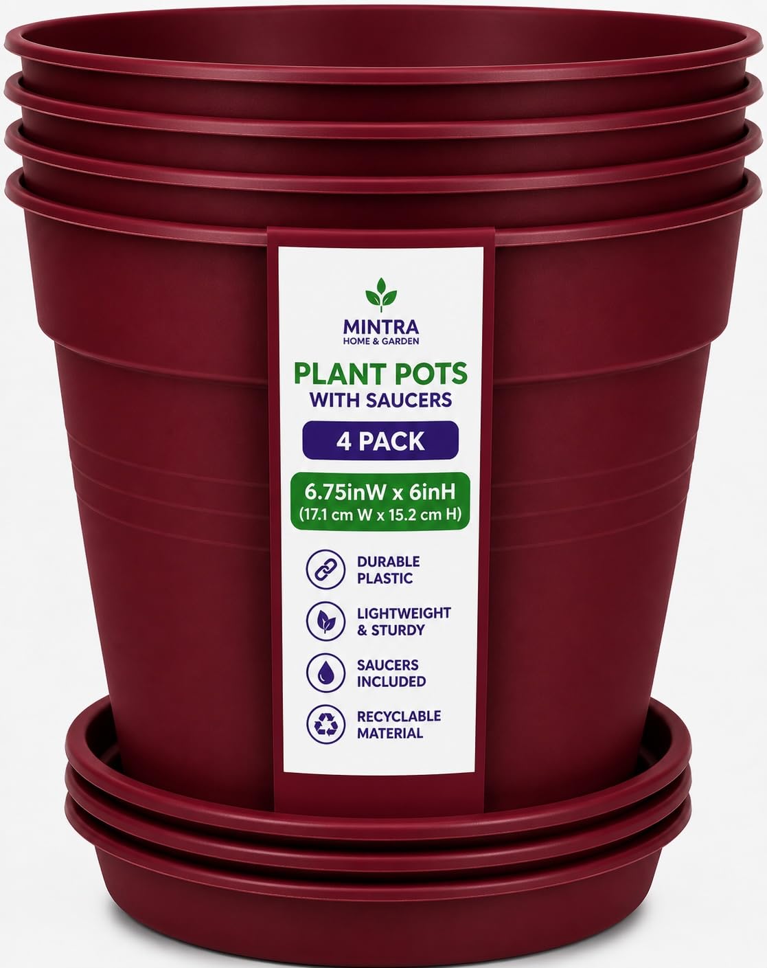 Mintra Garden Pots, 4 Pack Bulk Plastic Plant Pots with Drainage Tray, Round Indoor & Outdoor Decorative Planters with Drain Holes for Flowers, Herbs & Plants, 19cm Diameter – Fuchsia, 7.5in Wide