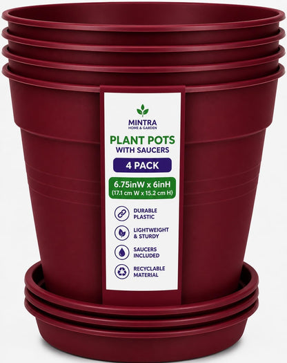 Mintra Garden Pots, 4 Pack Bulk Plastic Plant Pots with Drainage Tray, Round Indoor & Outdoor Decorative Planters with Drain Holes for Flowers, Herbs & Plants, 19cm Diameter – Fuchsia, 7.5in Wide