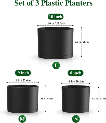Plant Pots, 10/9/8 Inch 3 Pack Cylindrical Flower Pots with Drainage Holes and Saucers, Plastic Planters for Outdoor Indoor Plants,Black