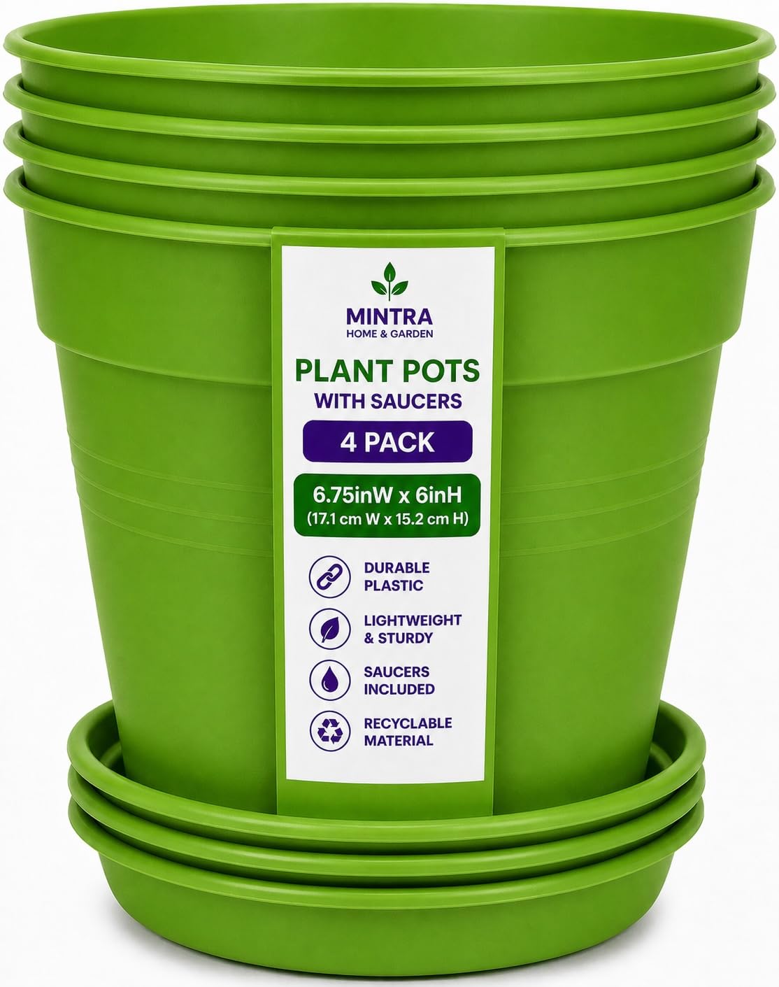 Mintra Garden Pots, 4 Pack Bulk Plastic Plant Pots with Drainage Tray, Round Indoor & Outdoor Decorative Planters with Drain Holes for Flowers, Herbs & Plants, 19cm Diameter – Fuchsia, 7.5in Wide