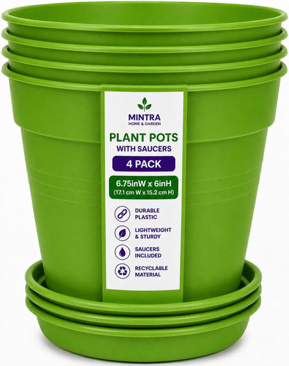 Mintra Garden Pots, 4 Pack Bulk Plastic Plant Pots with Drainage Tray, Round Indoor & Outdoor Decorative Planters with Drain Holes for Flowers, Herbs & Plants, 19cm Diameter – Fuchsia, 7.5in Wide