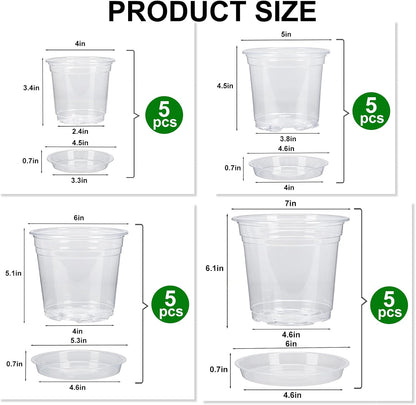 4/5/6/7 Inch 20 Pack Clear Plastic Nursery Pots with Drainage and Saucer