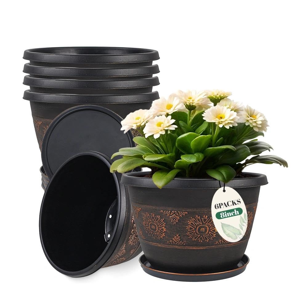 Usocik 10 Inch Plant Pots, 4 Pack, Copper Retro Floral
