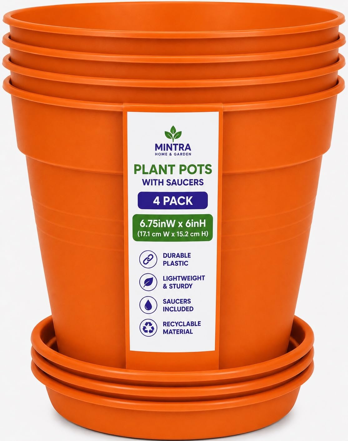 Mintra Garden Pots, 4 Pack Bulk Plastic Plant Pots with Drainage Tray, Round Indoor & Outdoor Decorative Planters with Drain Holes for Flowers, Herbs & Plants, 19cm Diameter – Fuchsia, 7.5in Wide