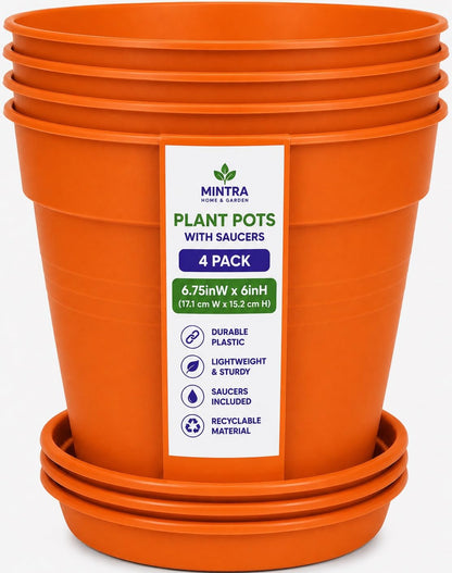 Mintra Garden Pots, 4 Pack Bulk Plastic Plant Pots with Drainage Tray, Round Indoor & Outdoor Decorative Planters with Drain Holes for Flowers, Herbs & Plants, 19cm Diameter – Fuchsia, 7.5in Wide