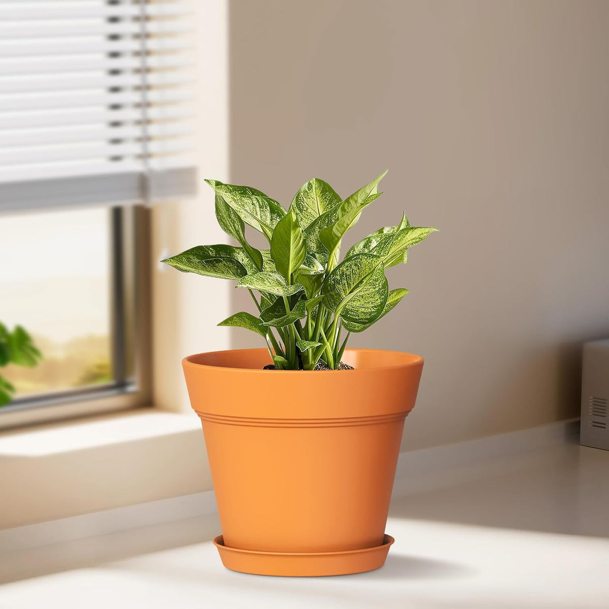 WSMKSZ 4 Inch Plastic Plant Pots with Drainage Holes and Trays – 8 Pack Small Nursery Pots for Indoor & Outdoor House Plants and Flowers, Seedling Starter Planters, Terracotta