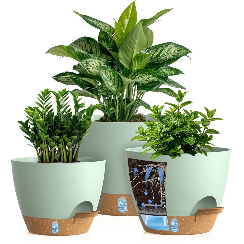Self Watering Pots with Drainage Holes, 3 Pack 12/10/8 Inch Plant Pots with Water Level Indicator Deep Reservoir, Large Plastic Planter for Indoor Outdoor Plants - Black Brown