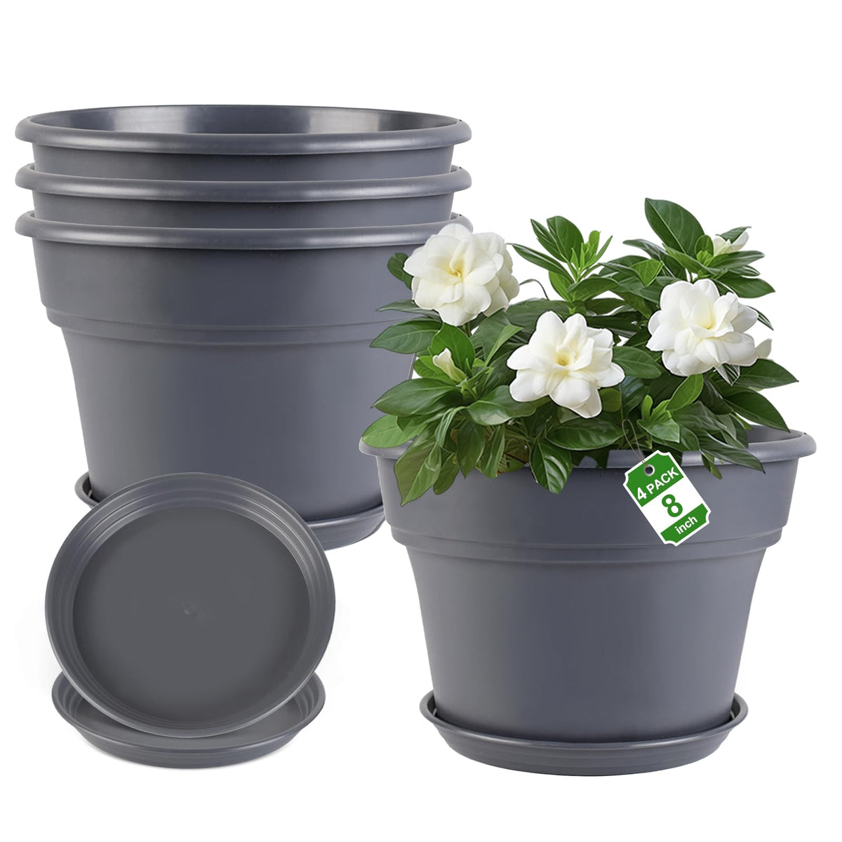 Myfeegoin 10-inch-Plant-Pots-Indoor-Outdoor, 4 Pack Plastic Planters with Drainage Holes & Saucers, Resin Flower Pots with Trays, Classic Garden Pot Container for House