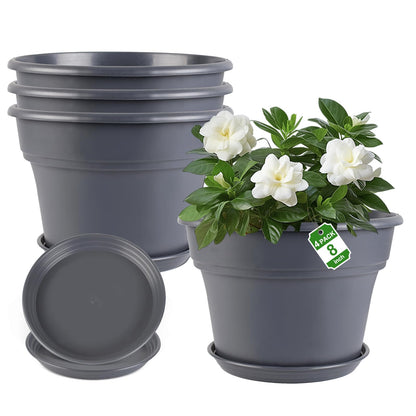 Myfeegoin 10-inch-Plant-Pots-Indoor-Outdoor, 4 Pack Plastic Planters with Drainage Holes & Saucers, Resin Flower Pots with Trays, Classic Garden Pot Container for House