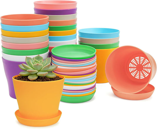 Tosnail 24 Pack 4" Small Plastic Plant Flower Pot with Saucers, Seedlings Nursery Pots Planter with Pallet Planting Gardening Containers - Assorted 8 Colors