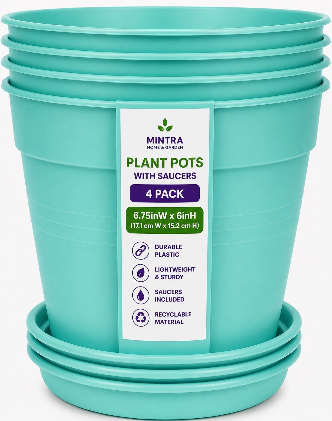 Mintra Garden Pots, 4 Pack Bulk Plastic Plant Pots with Drainage Tray, Round Indoor & Outdoor Decorative Planters with Drain Holes for Flowers, Herbs & Plants, 19cm Diameter – Fuchsia, 7.5in Wide