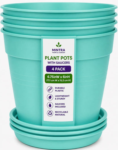 Mintra Garden Pots, 4 Pack Bulk Plastic Plant Pots with Drainage Tray, Round Indoor & Outdoor Decorative Planters with Drain Holes for Flowers, Herbs & Plants, 19cm Diameter – Fuchsia, 7.5in Wide