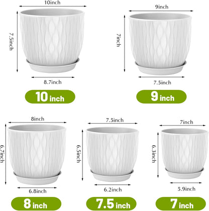 Plastic Plant Pots 10/9/8/7.5/7 inch Set of 5, Flower Planters with Drainage Holes and Saucers, Plastic Pots for Indoor Outdoor Plants, Livingroom Garden Decor (White)