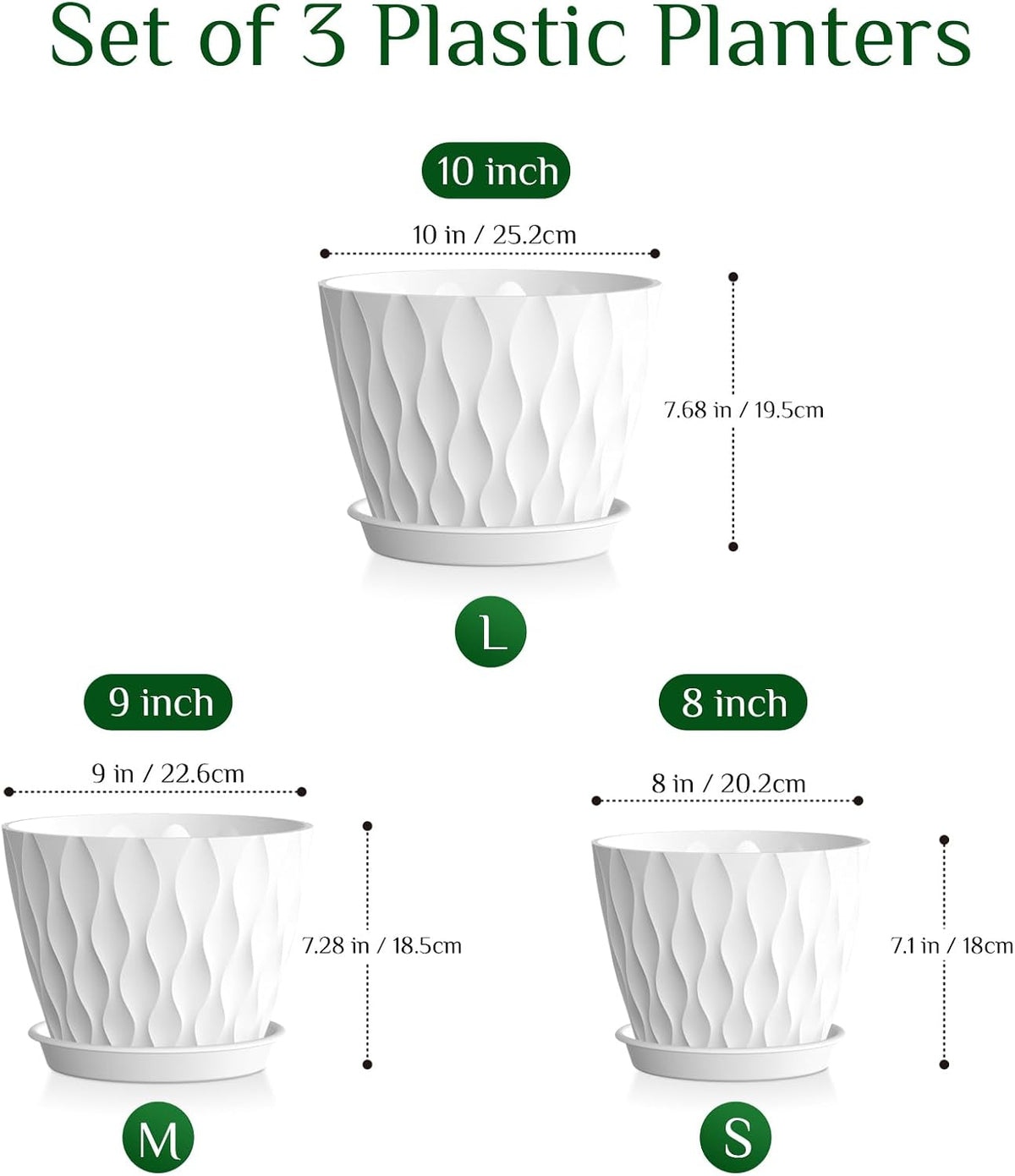 Plant Pots for Indoor Plants 3 Pack 10/9/8 Inch Plastic Planters