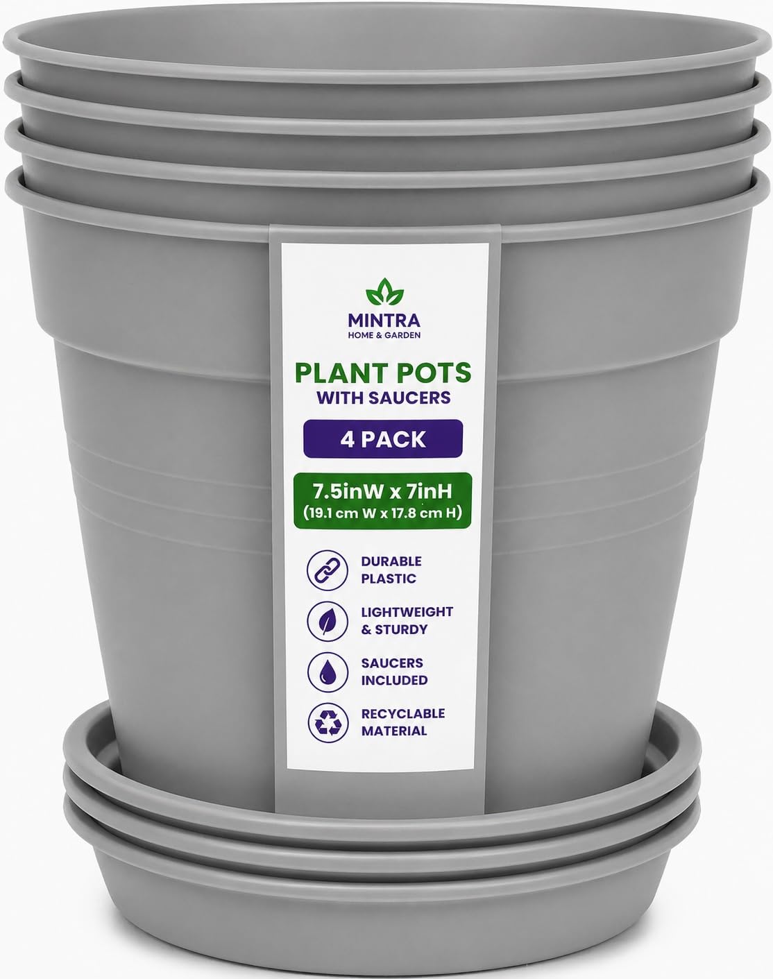 Mintra Garden Pots, 4 Pack Bulk Plastic Plant Pots with Drainage Tray, Round Indoor & Outdoor Decorative Planters with Drain Holes for Flowers, Herbs & Plants, 19cm Diameter – Fuchsia, 7.5in Wide