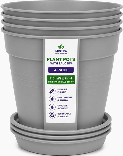 Mintra Garden Pots, 4 Pack Bulk Plastic Plant Pots with Drainage Tray, Round Indoor & Outdoor Decorative Planters with Drain Holes for Flowers, Herbs & Plants, 19cm Diameter – Fuchsia, 7.5in Wide