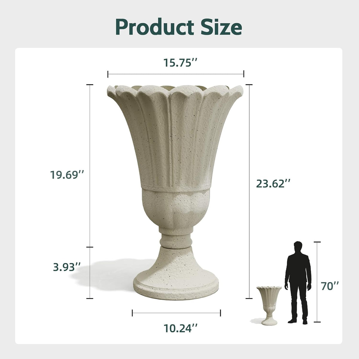 Tall Plastic Urn Planters and Pedestal - 24" Outdoor Planter Beige