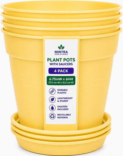 Mintra Garden Pots, 4 Pack Bulk Plastic Plant Pots with Drainage Tray, Round Indoor & Outdoor Decorative Planters with Drain Holes for Flowers, Herbs & Plants, 19cm Diameter – Fuchsia, 7.5in Wide