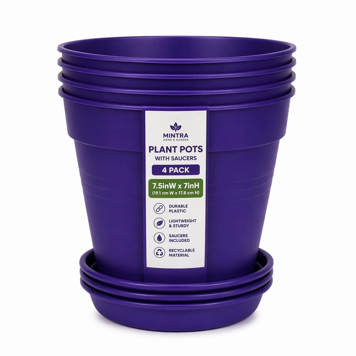 Mintra Garden Pots, 4 Pack Bulk Plastic Plant Pots with Drainage Tray, Round Indoor & Outdoor Decorative Planters with Drain Holes for Flowers, Herbs & Plants, 19cm Diameter – Fuchsia, 7.5in Wide
