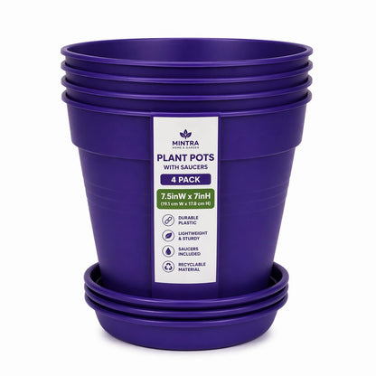 Mintra Garden Pots, 4 Pack Bulk Plastic Plant Pots with Drainage Tray, Round Indoor & Outdoor Decorative Planters with Drain Holes for Flowers, Herbs & Plants, 19cm Diameter – Fuchsia, 7.5in Wide