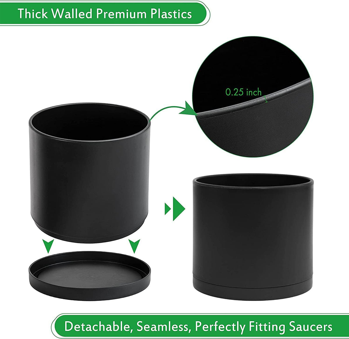 D'vine Dev Plastic Planter Pot with Saucer, 8 in, Black, 74-X-B-1