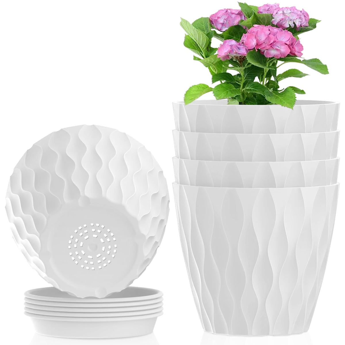 Meowell 7/6.5/6/5.5/5/4.5/4 inch Plant Pots for Indoor Outdoor Plants, 7 Pack Thick Flower Pots with Drainage Holes and Saucers, Modern Wave Texture Small Plastic Planters Nursery Pots, Multicolor