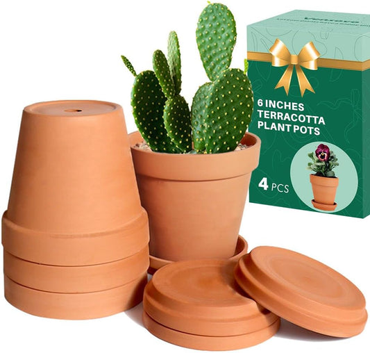 vensovo 6 Inch Terracotta & Clay Pots for Plant with Saucer, 4 Pack