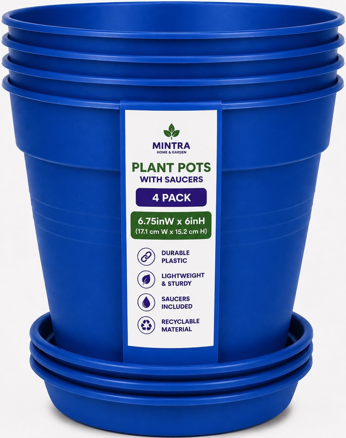 Mintra Garden Pots, 4 Pack Bulk Plastic Plant Pots with Drainage Tray, Round Indoor & Outdoor Decorative Planters with Drain Holes for Flowers, Herbs & Plants, 19cm Diameter – Fuchsia, 7.5in Wide