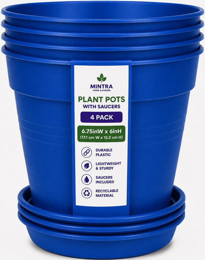 Mintra Garden Pots, 4 Pack Bulk Plastic Plant Pots with Drainage Tray, Round Indoor & Outdoor Decorative Planters with Drain Holes for Flowers, Herbs & Plants, 19cm Diameter – Fuchsia, 7.5in Wide