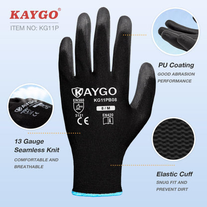KAYGO Safety Work Gloves for Men Women, PU Coated Palm & Fingers, KG11P