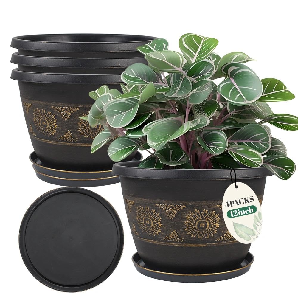 Usocik 12 Inch Plant Pots, 4 Pack, Copper Retro Floral