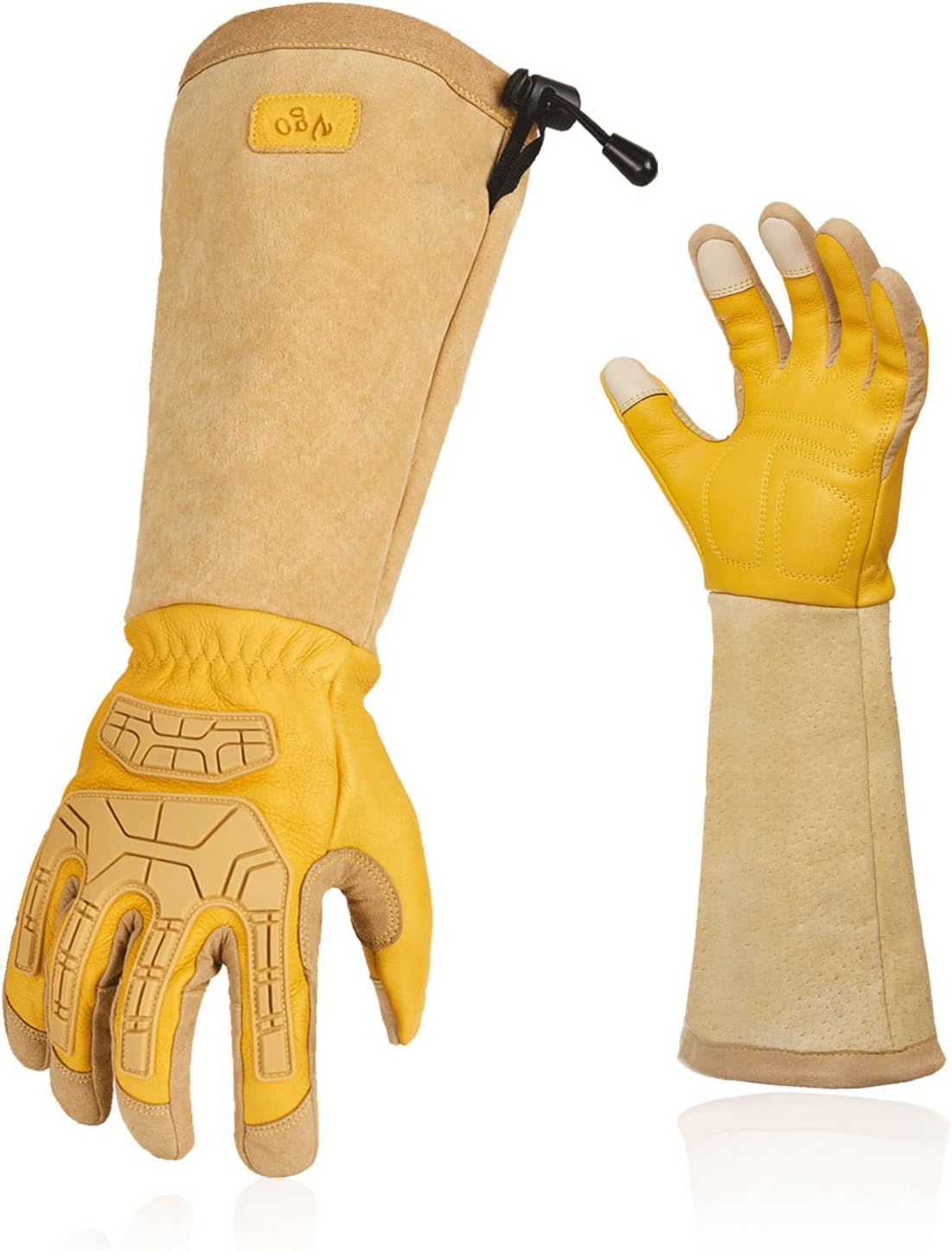 Vgo... Men's Extra-Long Leather Gardening Gloves, Gauntlet with Adjustable Cuff, Puncture & Thorn Proof, Touchscreen (CA9659)