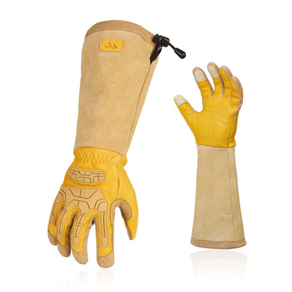 Vgo... Men's Extra-Long Leather Gardening Gloves, Gauntlet with Adjustable Cuff, Puncture & Thorn Proof, Touchscreen (CA9659)