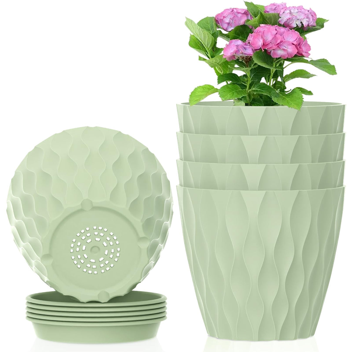 Meowell 7/6.5/6/5.5/5/4.5/4 inch Plant Pots for Indoor Outdoor Plants, 7 Pack Thick Flower Pots with Drainage Holes and Saucers, Modern Wave Texture Small Plastic Planters Nursery Pots, Multicolor
