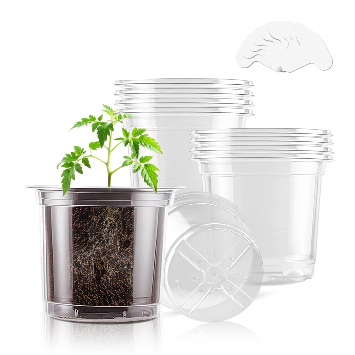 SupKing Clear Nursery Pots 5/4/3.5 Inch Plastic Seed Starter Plant Flower Pot with Drainage Holes for Transplanting Succulents Cuttings Seedlings 15 Labels (12Pcs)