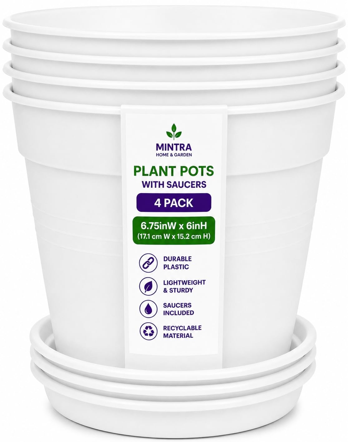 Mintra Garden Pots, 4 Pack Bulk Plastic Plant Pots with Drainage Tray, Round Indoor & Outdoor Decorative Planters with Drain Holes for Flowers, Herbs & Plants, 19cm Diameter – Fuchsia, 7.5in Wide