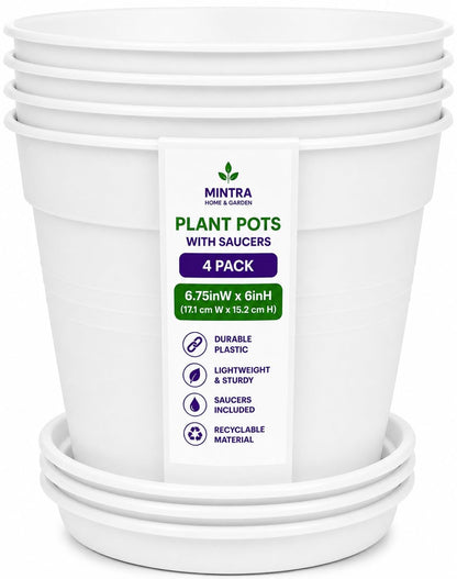 Mintra Garden Pots, 4 Pack Bulk Plastic Plant Pots with Drainage Tray, Round Indoor & Outdoor Decorative Planters with Drain Holes for Flowers, Herbs & Plants, 19cm Diameter – Fuchsia, 7.5in Wide