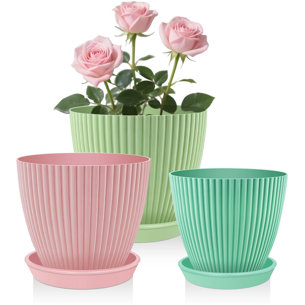 SupKing Plant Pots with Drainage Saucers 7.5/6.7/6/5/4/3.5 Inch Set of 6,Plastic Flower Pots Planters with Multi Mesh Drainage Holes Multicolor Nursery Planting Pot for Indoor Outdoor Garden Plants