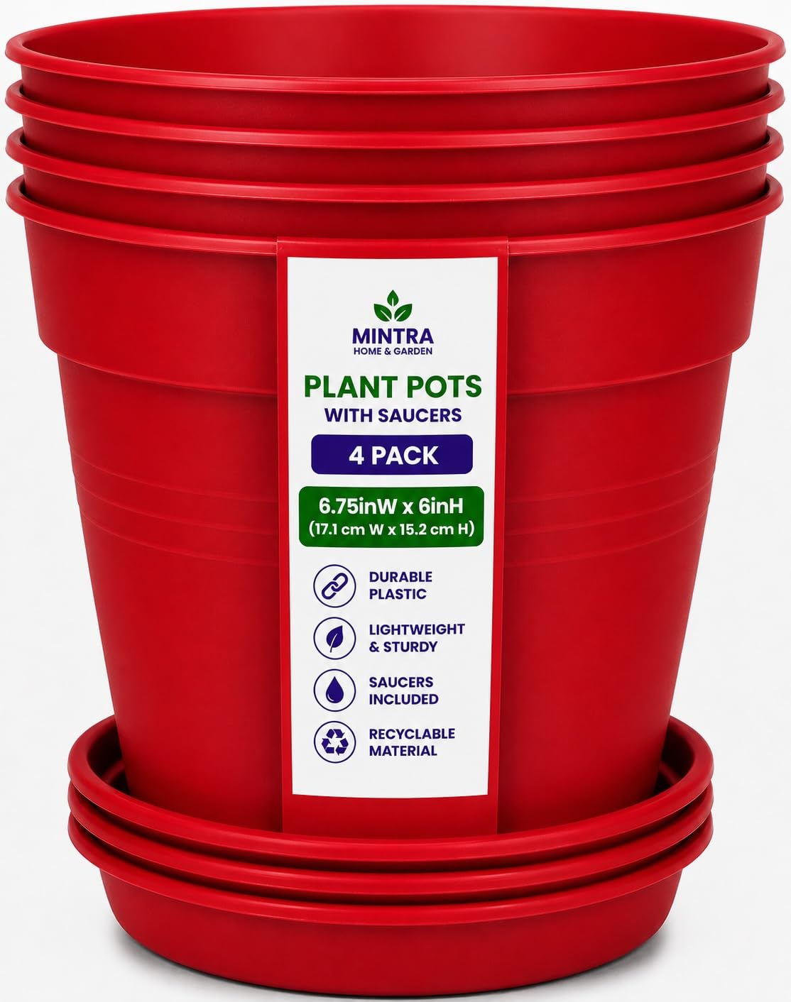Mintra Garden Pots, 4 Pack Bulk Plastic Plant Pots with Drainage Tray, Round Indoor & Outdoor Decorative Planters with Drain Holes for Flowers, Herbs & Plants, 19cm Diameter – Fuchsia, 7.5in Wide