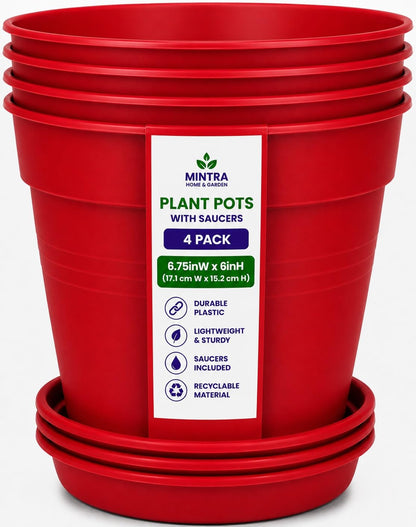 Mintra Garden Pots, 4 Pack Bulk Plastic Plant Pots with Drainage Tray, Round Indoor & Outdoor Decorative Planters with Drain Holes for Flowers, Herbs & Plants, 19cm Diameter – Fuchsia, 7.5in Wide