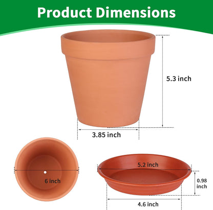 6 Pack 6 Inch Terracotta & Clay Pots with Plastic Saucer for Plants