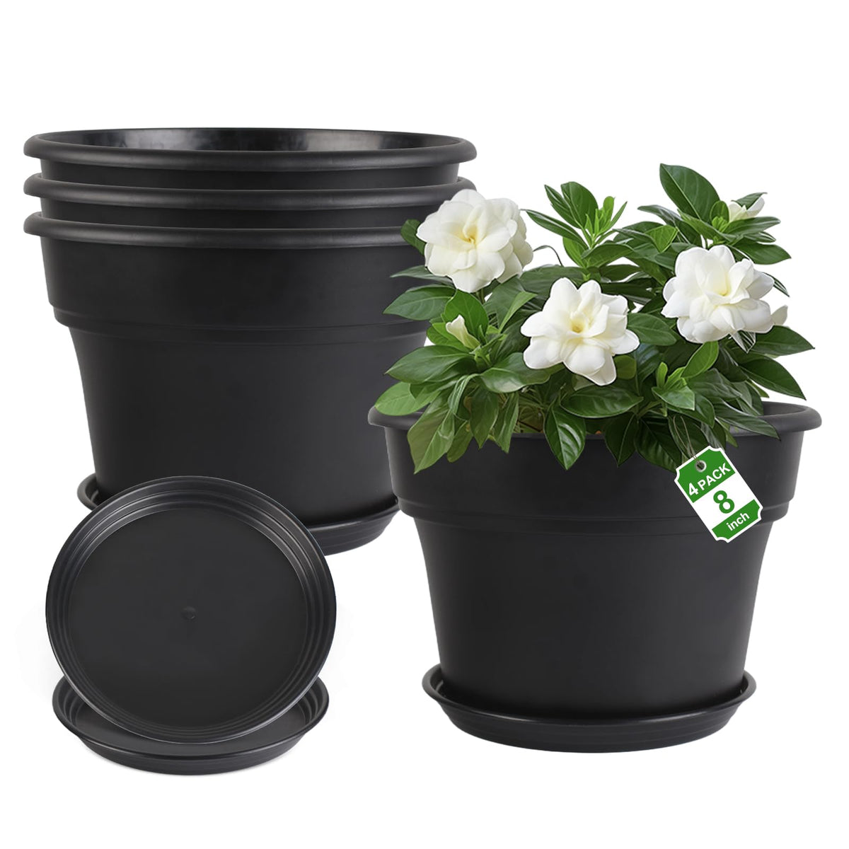 Myfeegoin 10-inch-Plant-Pots-Indoor-Outdoor, 4 Pack Plastic Planters with Drainage Holes & Saucers, Resin Flower Pots with Trays, Classic Garden Pot Container for House
